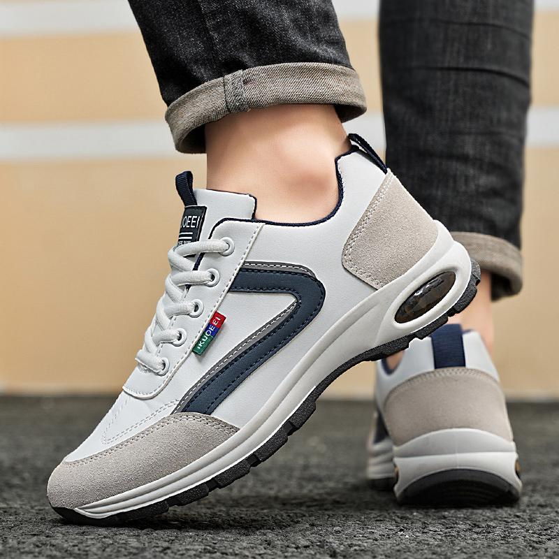 Men's Casual Running Shoes Spring and Autumn New Inner Heightened White Leather Face Shoes Waterproof Nylon Sole Men's Sneakers