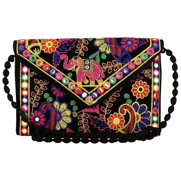 Clutch Bags for Women Jaipuri Rajasthani Handmade Embroidery Mirror Work Stylish Sling Bags for Women Cross Body Bags for Ladies and Girls - 22X16 Cm