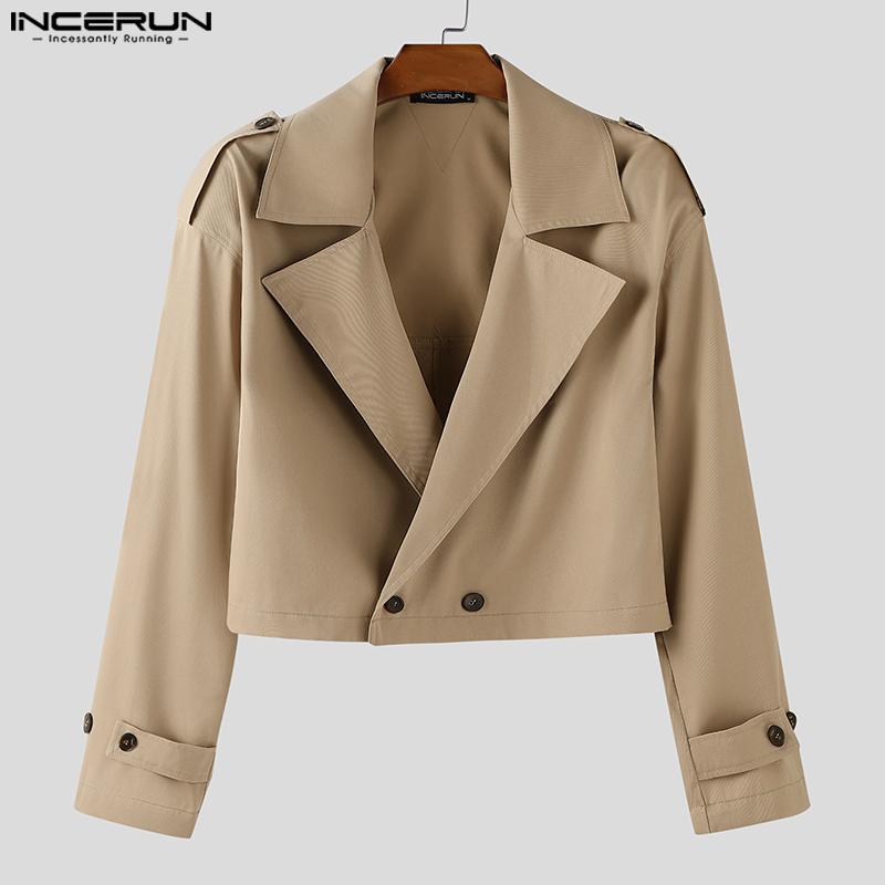 INCERUN Ovesized Men Lapel Neck Long Sleeve Buttons Up Short Windbreaker Coats