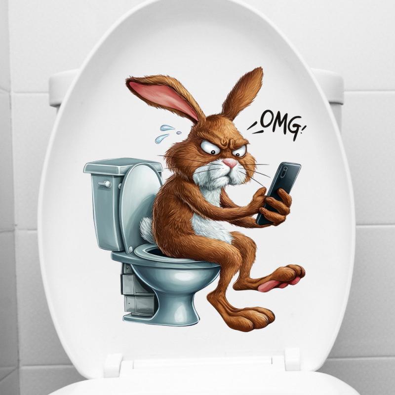 Funny Turtle, Penguin, Rabbit, Bear, Raccoon Animal Toilet Stickers, Bathroom Toilet Seat Stickers, Wall Stickers