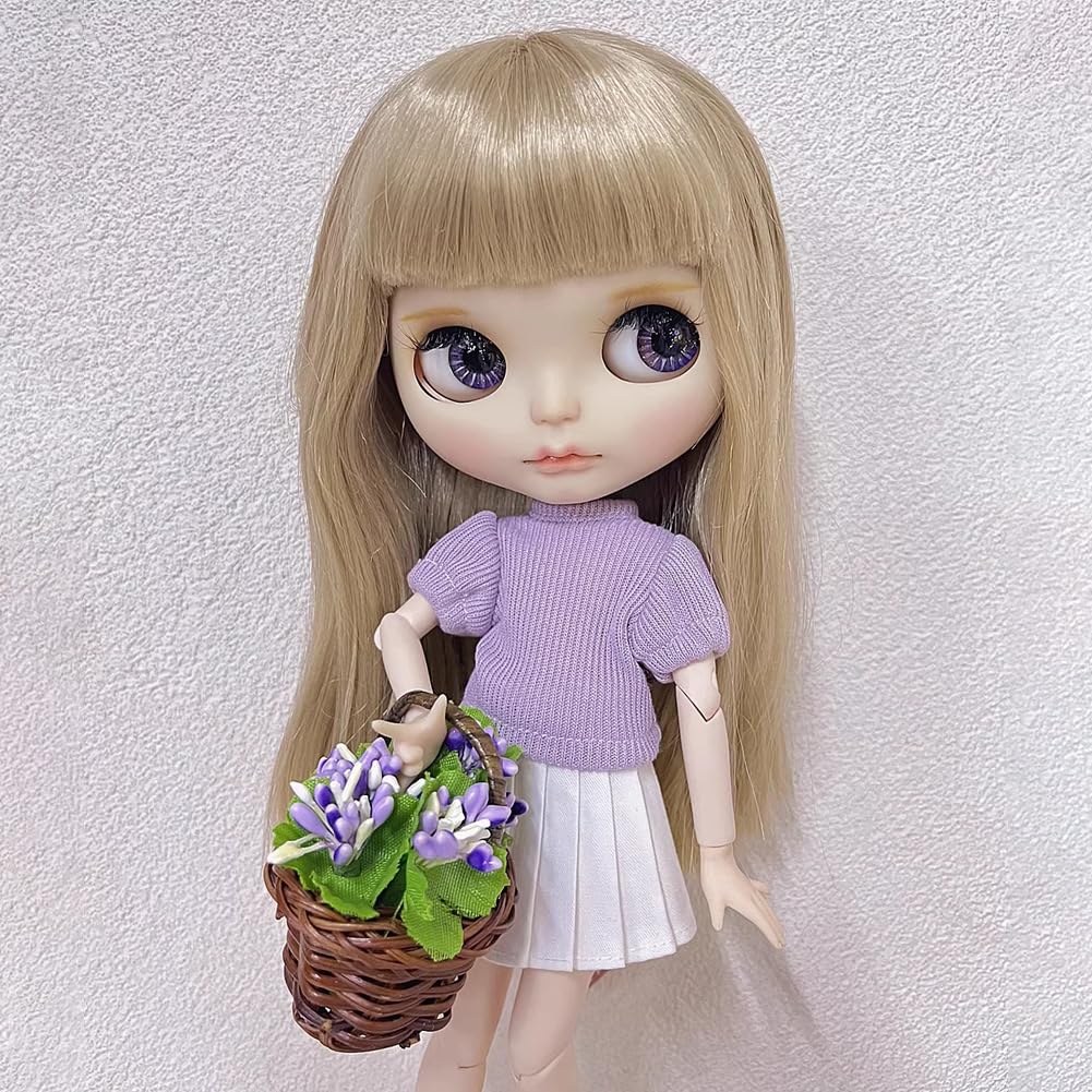 rakulifey Blythe doll outfit, 2-piece set (white + khaki), includes top and skirt, suitable for Neo Blythe dolls and Obitsu 24 dolls.