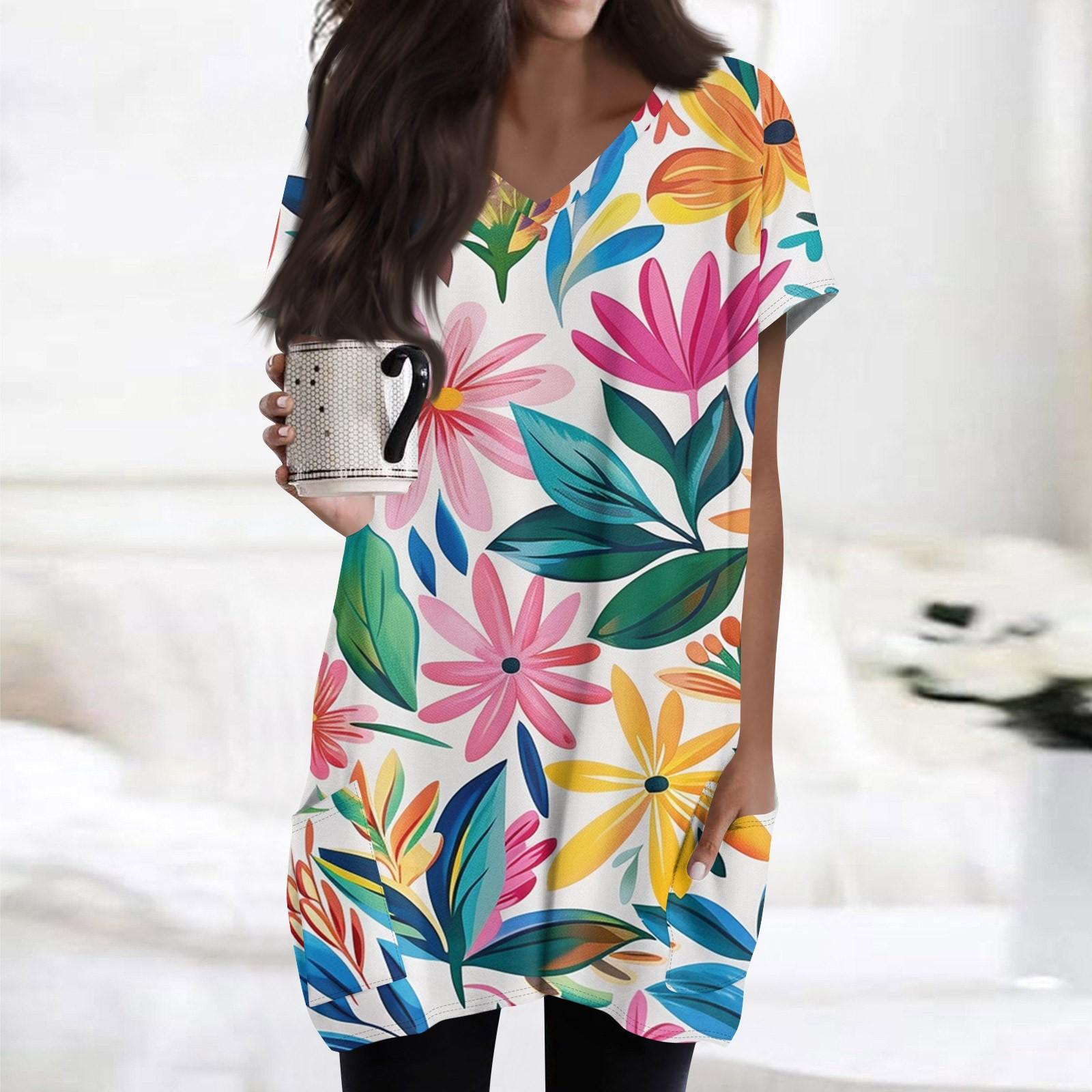 

Women s Fashionable And Casual V-neck Floral Print Mid Length Pocket Short Sleeved Top M