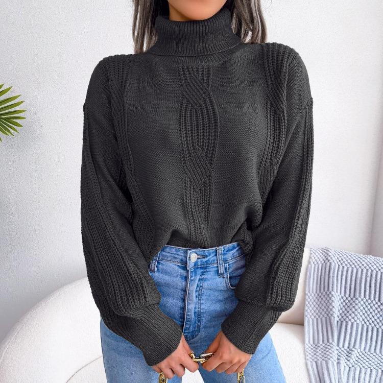 Women Autumn Winter Fashion High Neck Knitwear Top Lantern Sleeve Fried Dough Twist Sweater Bottoming