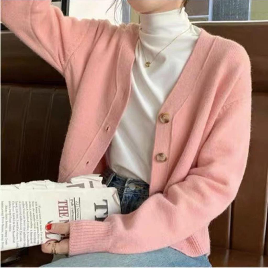Pulover cardigan cu decolteu în V casual și versatil toamnă și iarnă casual cu gât în ​​V cu mânecă lungă pulover tricotat solid top feminin