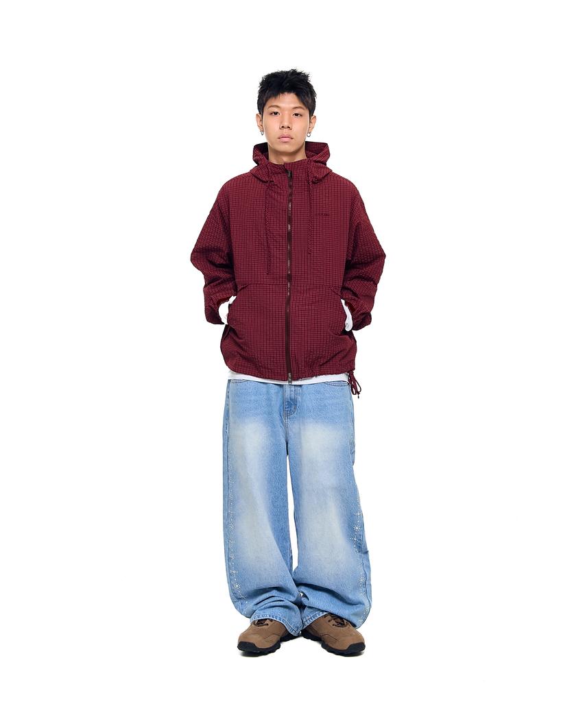Aakam Check Pattern Hooded Jacket (Burgundy)