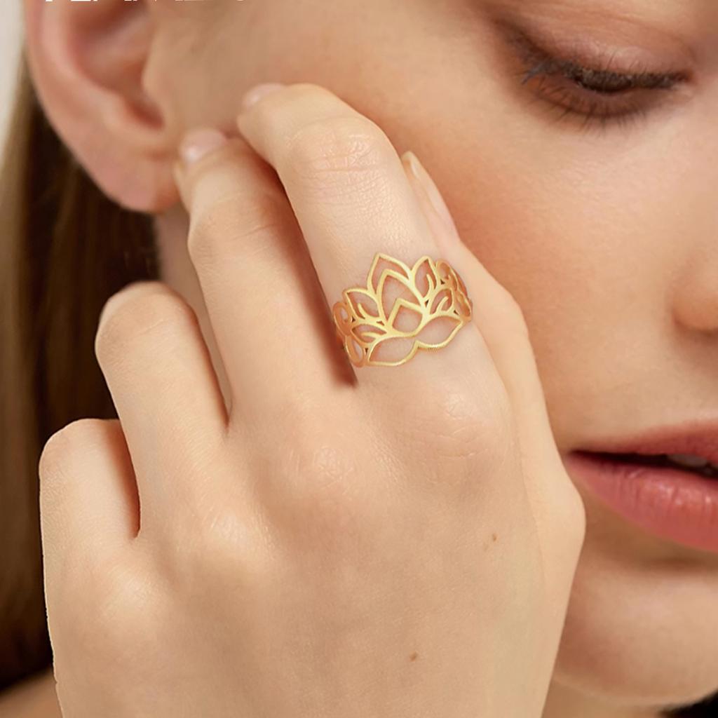 Women Lotus Flower Rings Stainless Steel Finger Ring Yoga Buddhism Amulet Jewelry Valentine's Day Gift