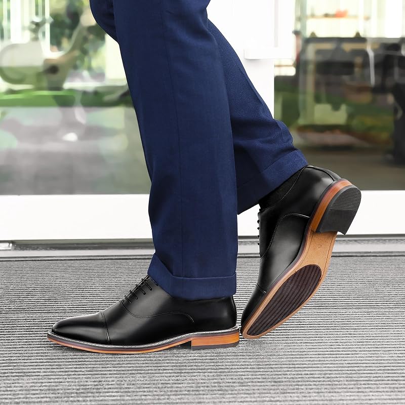 [Foxsense] Men's Leather Business Shoes, Dress Shoes, Straight Tip, High-Quality Genuine Leather, Oxford, Lightweight, Waterproof, Formal, Black,