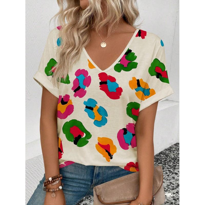Womens V-Neck Short Sleeve T-Shirt With Leopard Print 3D Effect Colorful Ink Loose Fit Casual Office Wear
