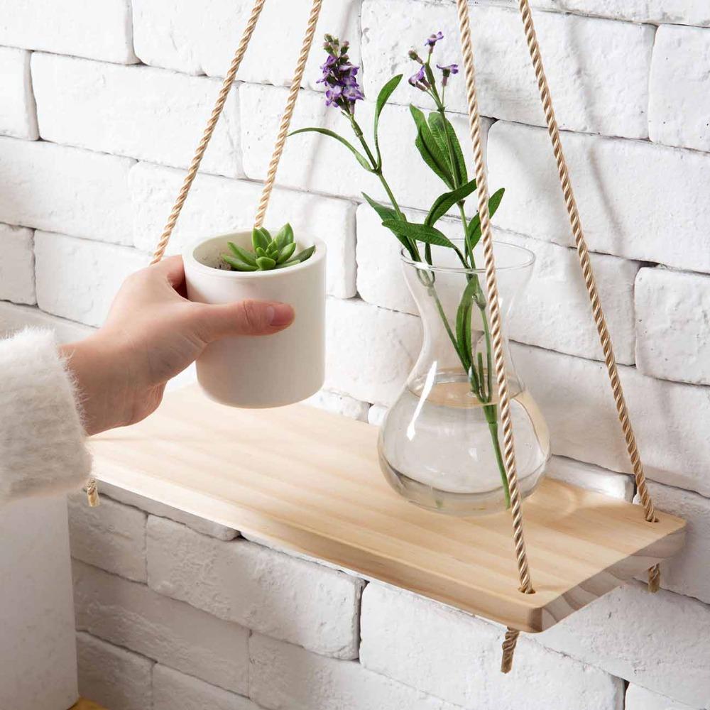 1/3pc Wood Swing Hanging Rope Wall Mounted Floating Shelves Home Living Room Wall Shelf Sundries Storage Outdoor Garden Decor