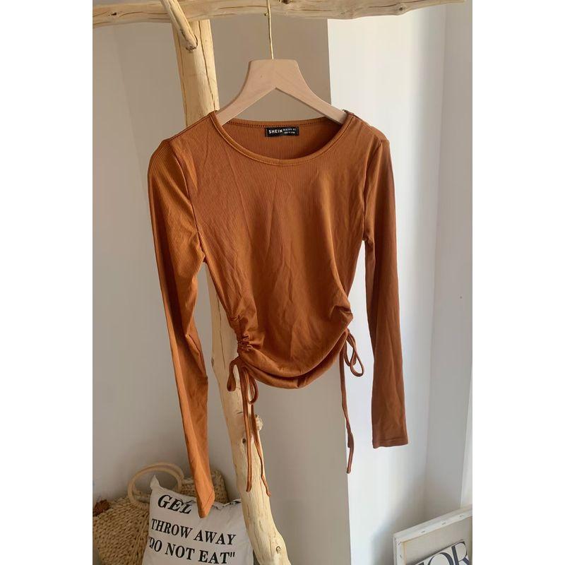 

SH * Waist Drawstring Slim Fit round Neck Long Sleeves T-shirt B695 Brown S