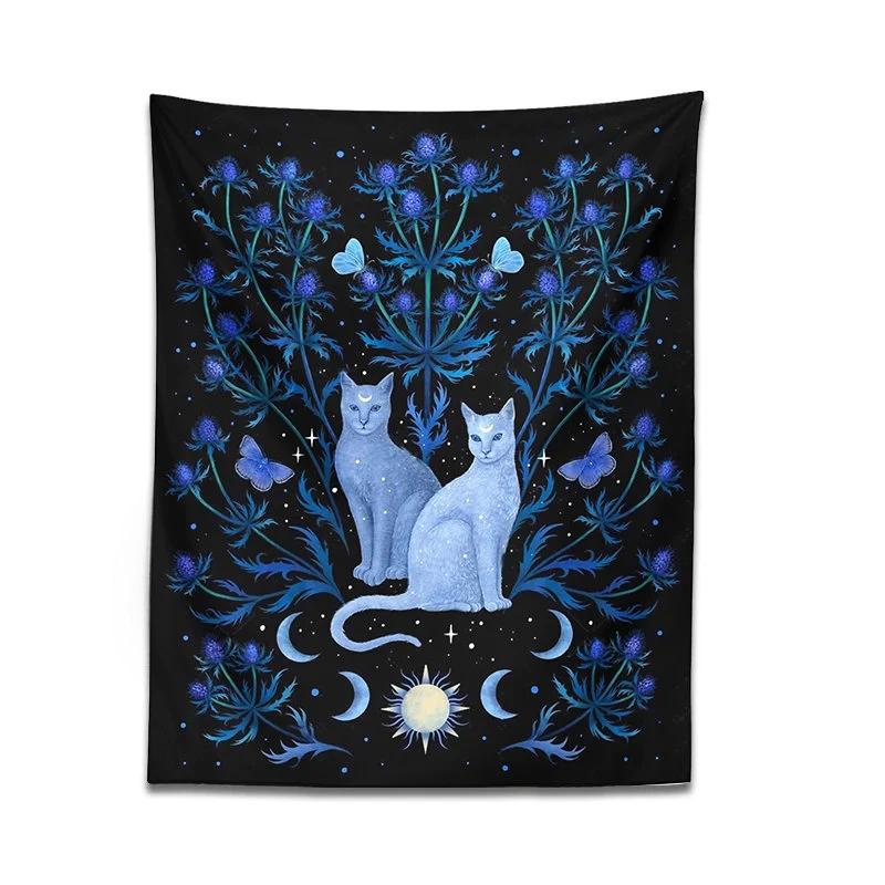 Moon Starry Sky Tapestry Flat Print Tarot Cat Moth Flower Pattern Aesthetic Wall Hanging for Bedroom Living Room Home Decor