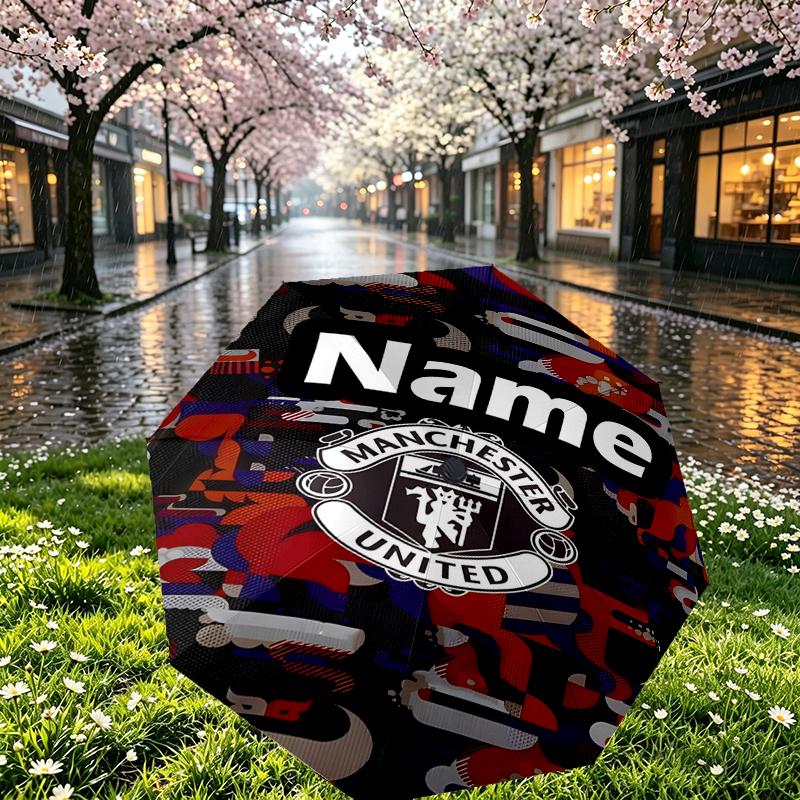 Custom Name Personalized Manchester Football F.C Print Umbrella, Auto Open Close, 8‑Rib Sturdy Frame, Commute Camping Hiking Use, Birthday Gift