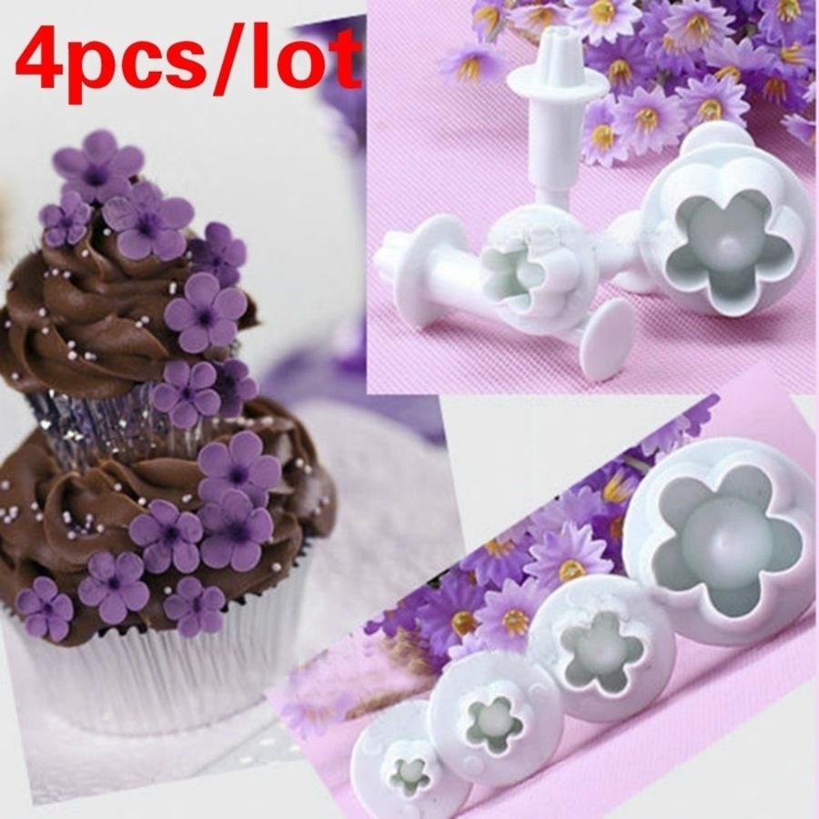 4 Pcs Plum Flower Plunger Fondant Cutters Set DIY Christmas Cake Decorating Molds Baking Pastry Tools