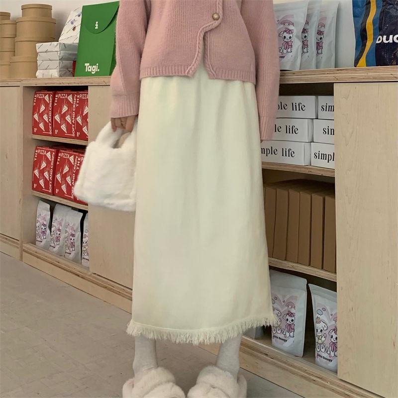Tassel Knit Over-Knee High Waist Slim Wool Skirt with Matching Sweater