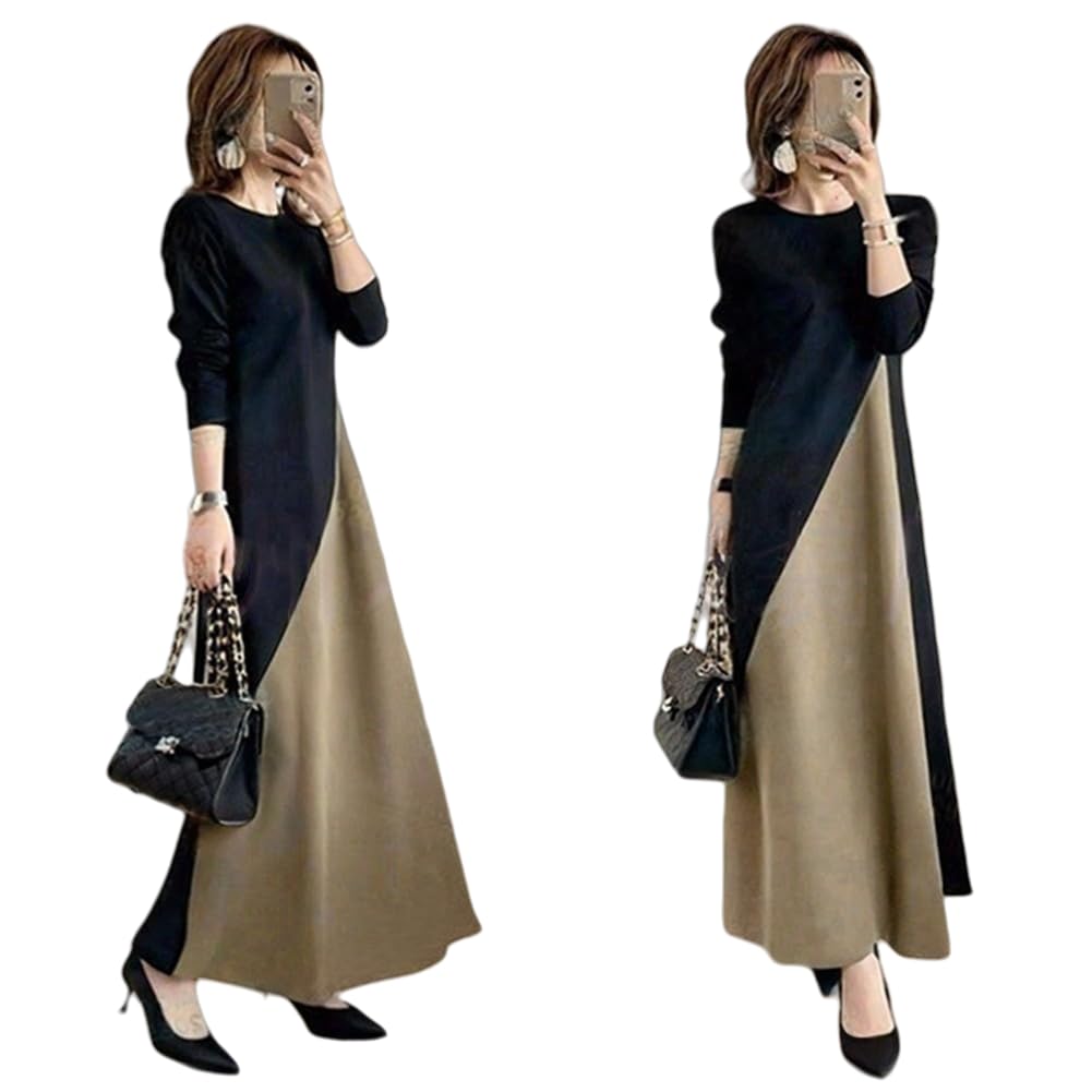 WURHUDC Long Round Long Casual Shirt Korean Long Party Everyday Wear Dress, Neck, Sleeves, Tunic, Women's, Style, Flared, A-Line, Figure-Flattening,