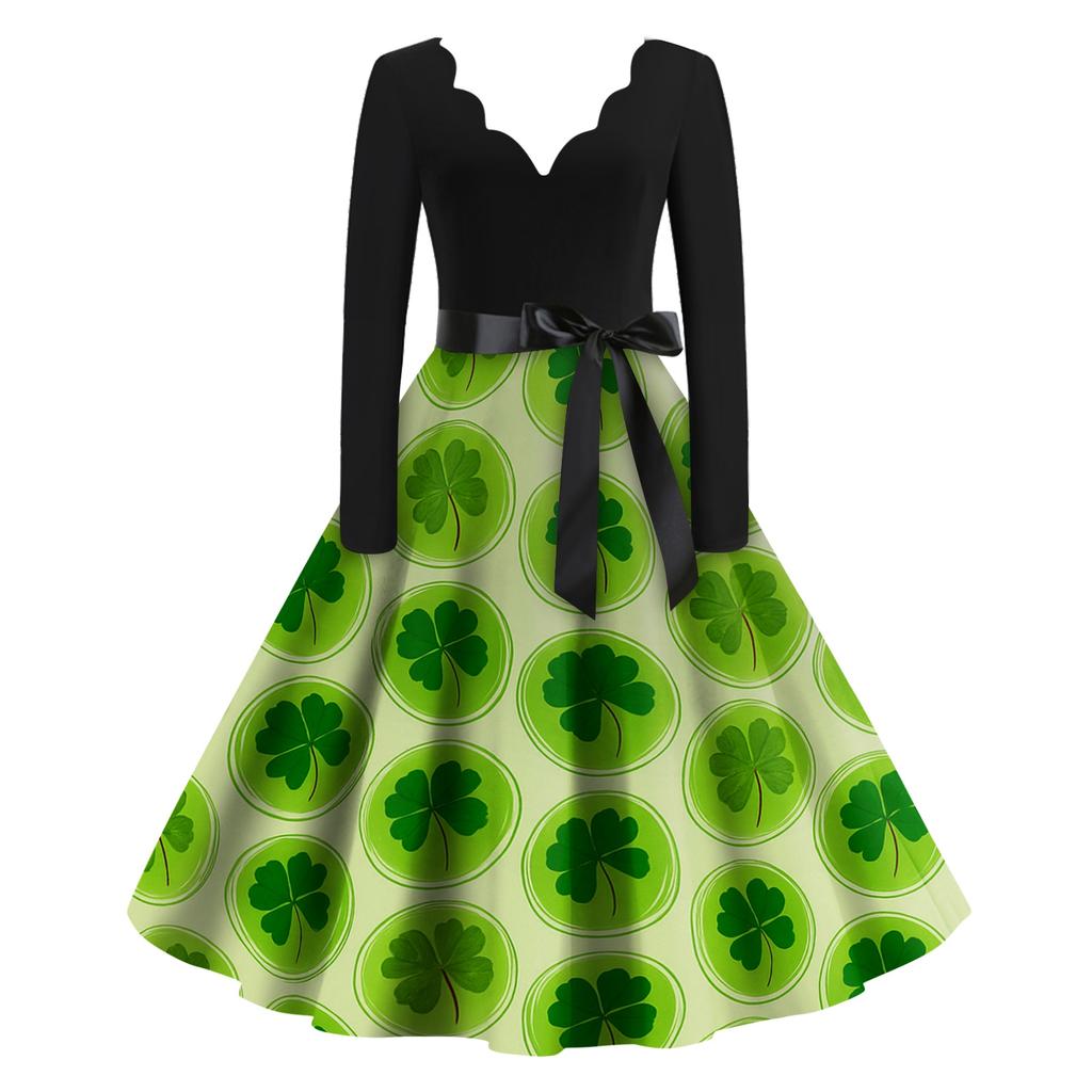 Damska Sukienka Codzienna Modna z Nadrukiem Dekolt V Retro Długi Rękaw