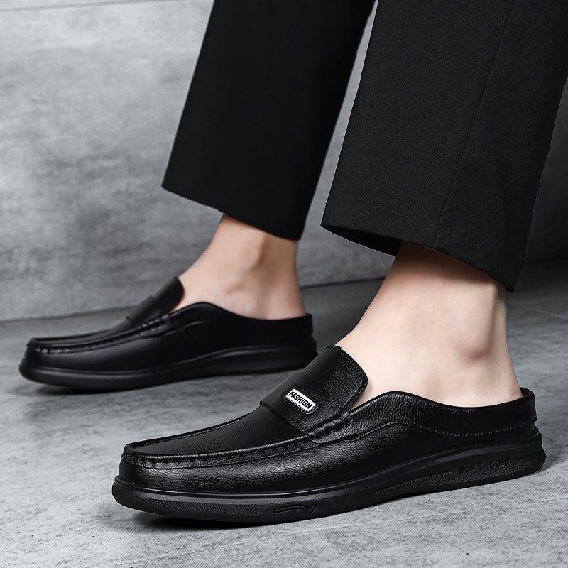 Fashion Breathable Mens Half Slippers Stylish Leathe Male Muller Shoes Loafers Comfy Muller Flats Lazy Shoes Soft Handmade Casual Shoes