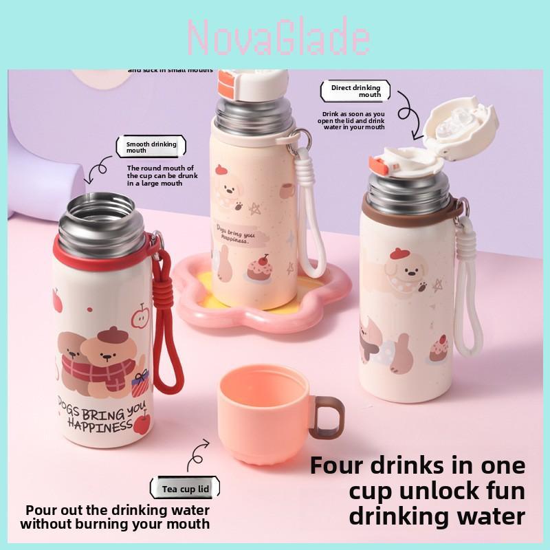 Cartoon Puppy Kids Insulated Water Bottle With Straw For Outdoor Travel And School Use