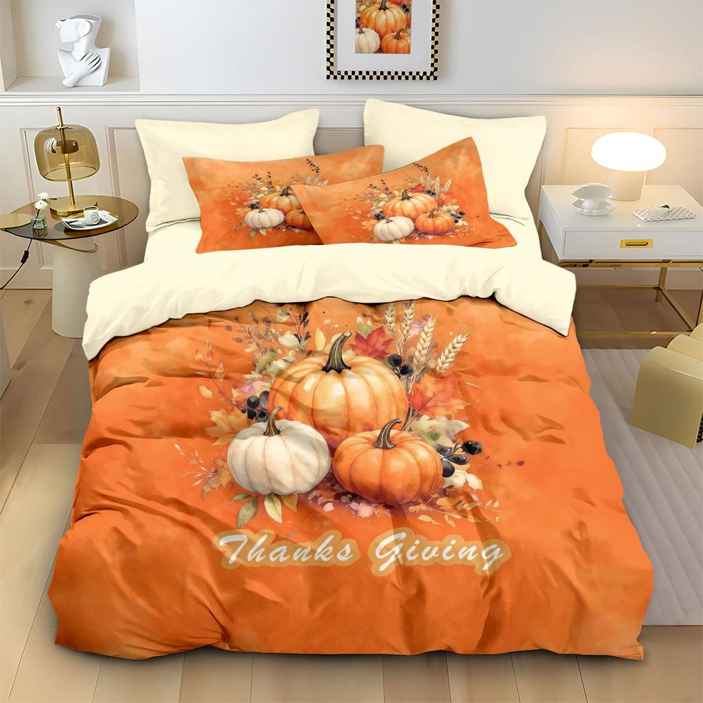Thanksgiving Quilt Cover Three-Piece Pumpkin 3D Printed Bedding Polyester Pillow Cover Quilt Cover