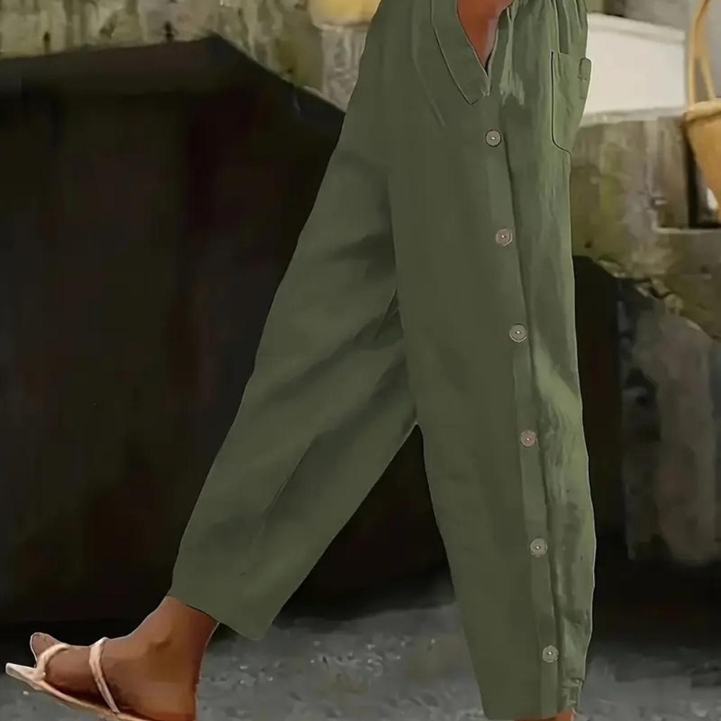 Plus Size Women's Solid Color Casual Straight-Leg Button Pants Dark Blue Comfortable All Season Wear No Stretch Pants