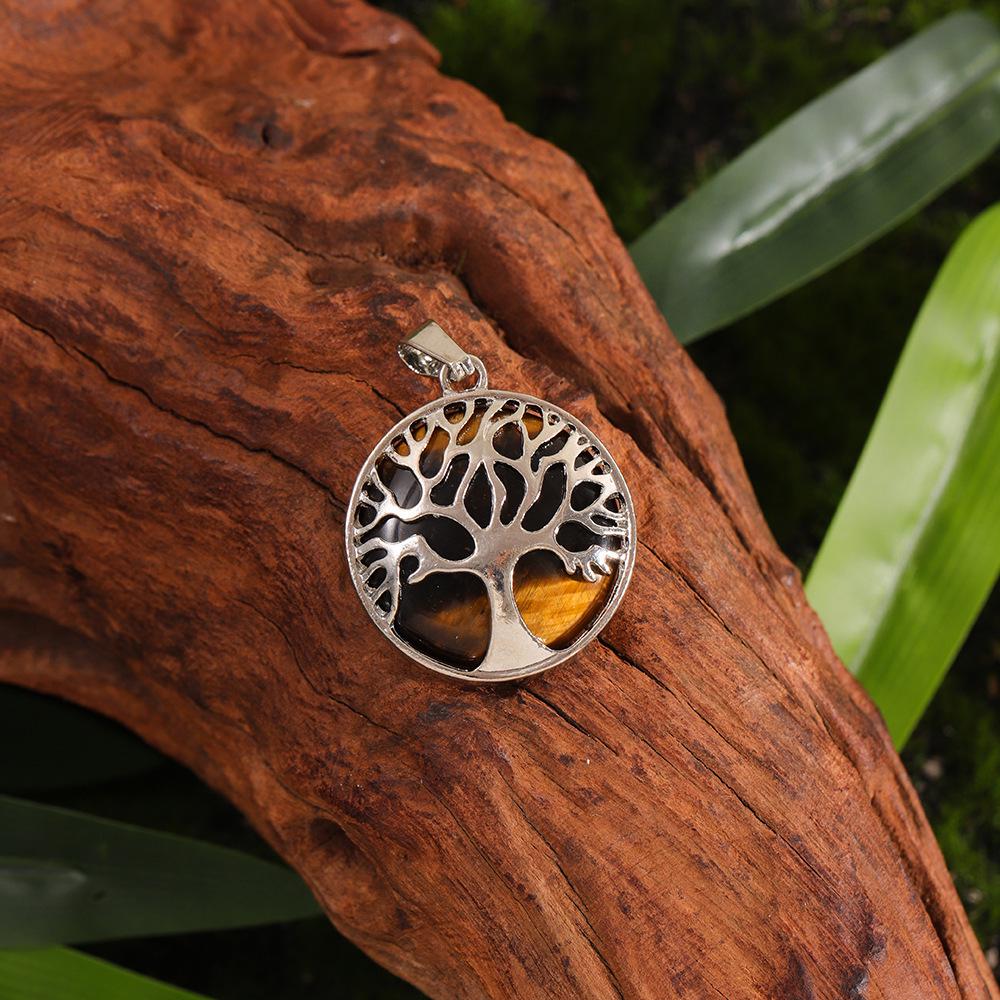 Cross Hollow Life Tree Pendant: Natural Crystal Agate Money Tree Necklace, Natural Stone Round Wishing Tree Pendant.