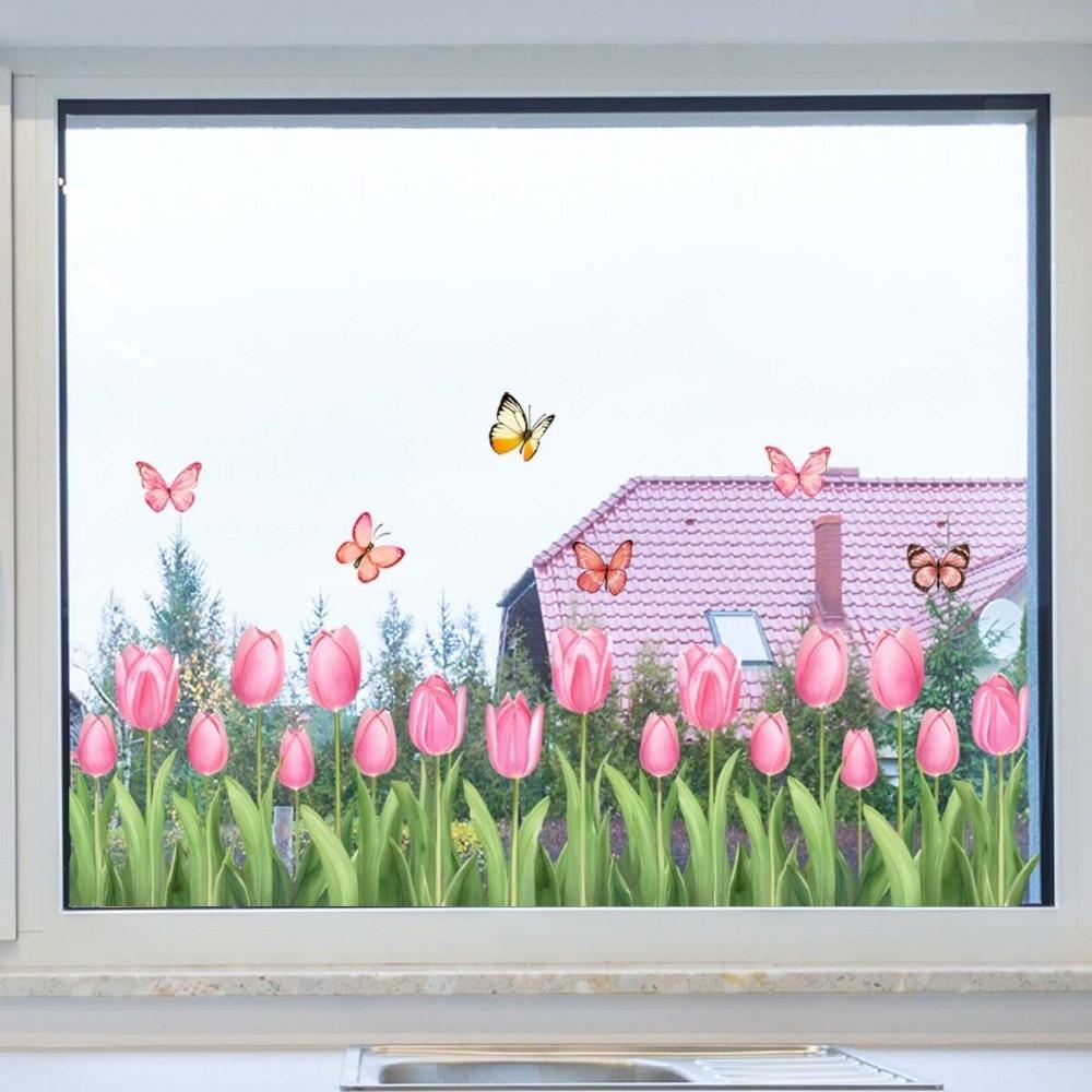 Tulipan og Blad Farverige Blomster Vinduesklistermærker Blomst Sommerfugl Glasvæg Dekal Glas Elektrostatisk Film Blomstertryk Rose