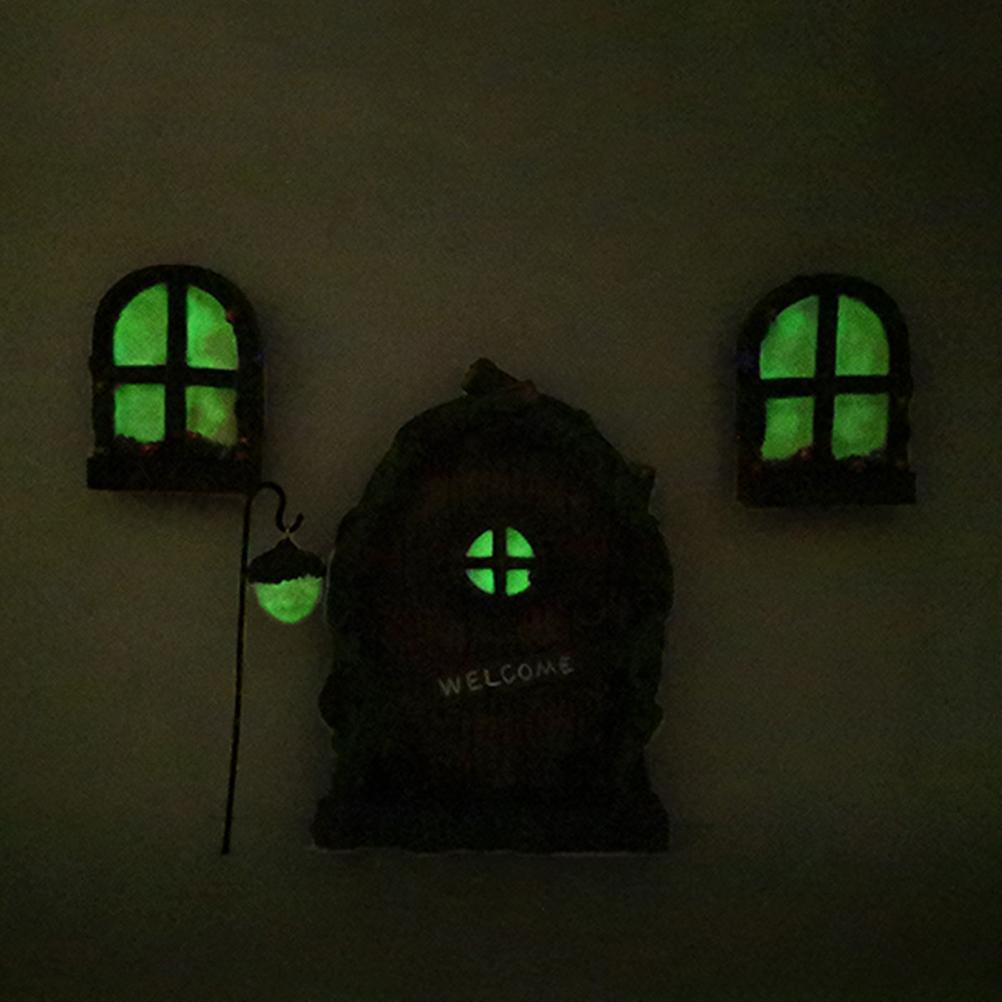 Miniature Fairy Elf Home Door Windows and Chandelier Luminous Tree Decor Art Decorations In The Dark