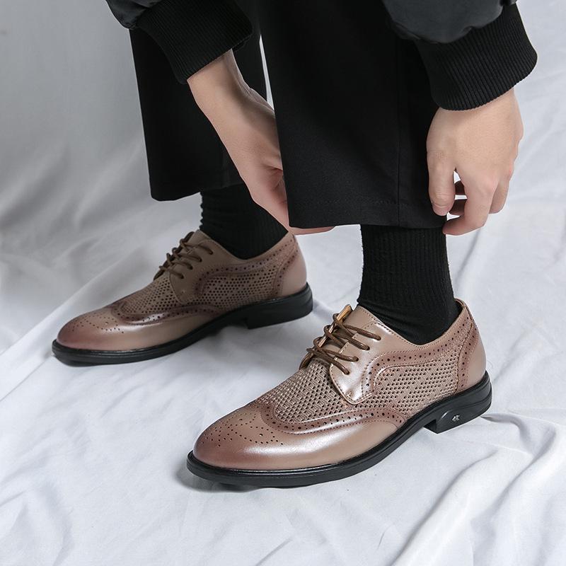 Men's Cross-Border Lace-Up Leather Loafers - Hollowed-Out Brogues for Business Casual Wear