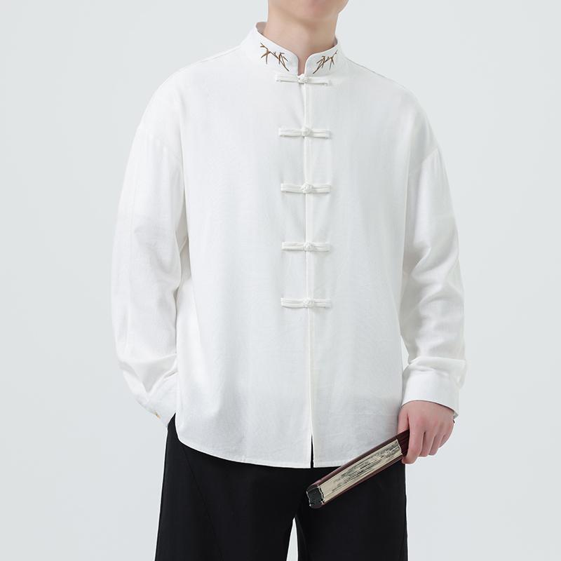 2025 Autumn Men Chinese Style Bamboo Embroidery Shirt Men Long Sleeve Loose Lazy White Shirts Men Cotton Linen Hanfu Tops