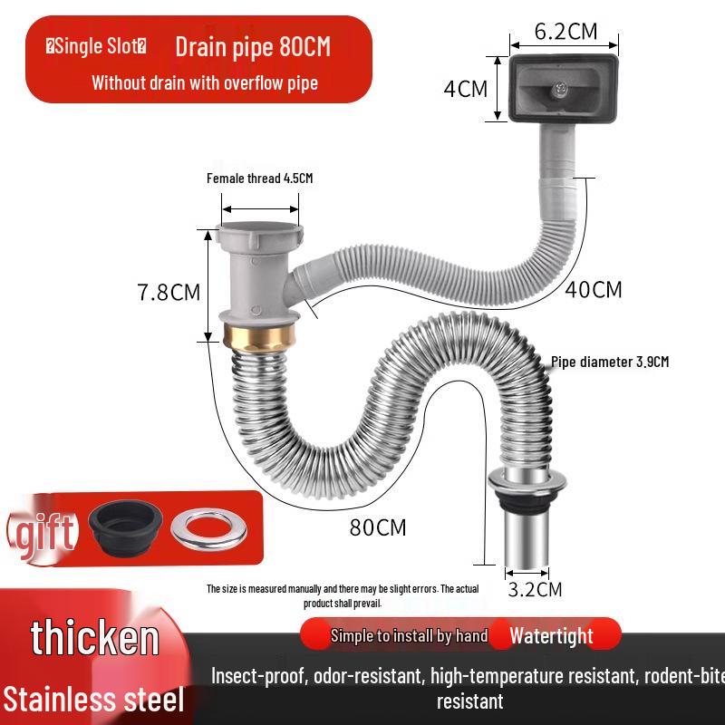 Stainless Steel Kitchen Sink Drain Pipe Set with Anti-Odor Features for Single or Double Sinks and Dishwasher Integration