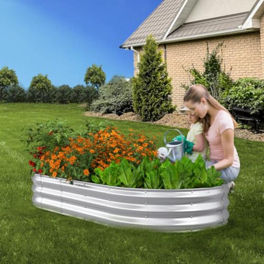 Raised Garden Bed 6x3x1ft Galvanized Outdoor Planter Beds with Safety Edging and Gloves Oval Metal Planter Box for Gardening Ve