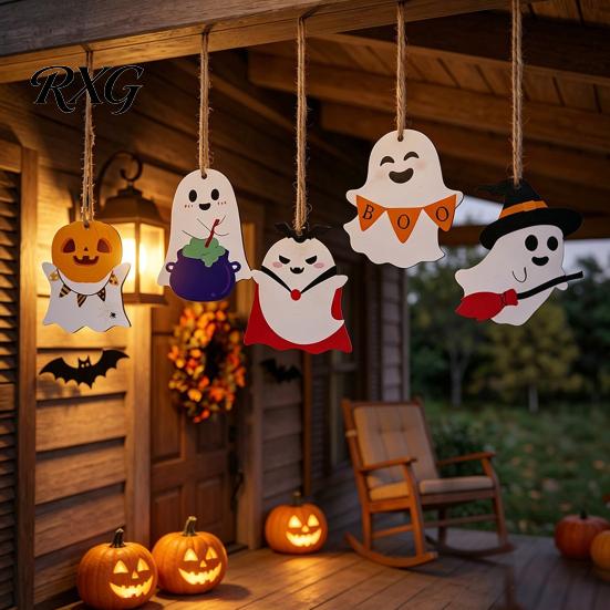 Halloween Party Supplies Ghost Wooden Hanging Sign with Hemp Rope, Cute Indoor Signs Pendants for Home Wall Decorations Outdoor Decor