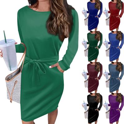 Women's Casual Fashion Sexy Round Neck Long Sleeve Waist Solid Color Dress