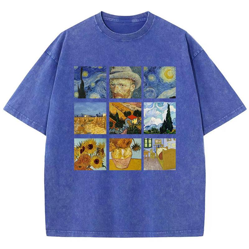 Cotton Women Washed T-Shirts Van Gogh'S Starry Night And Sun