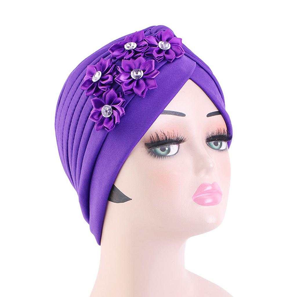 4Pcs Women Turban National Style Diamond Flower Beanie Elastic Head Wrap Cap Chemo Headwear Accessories