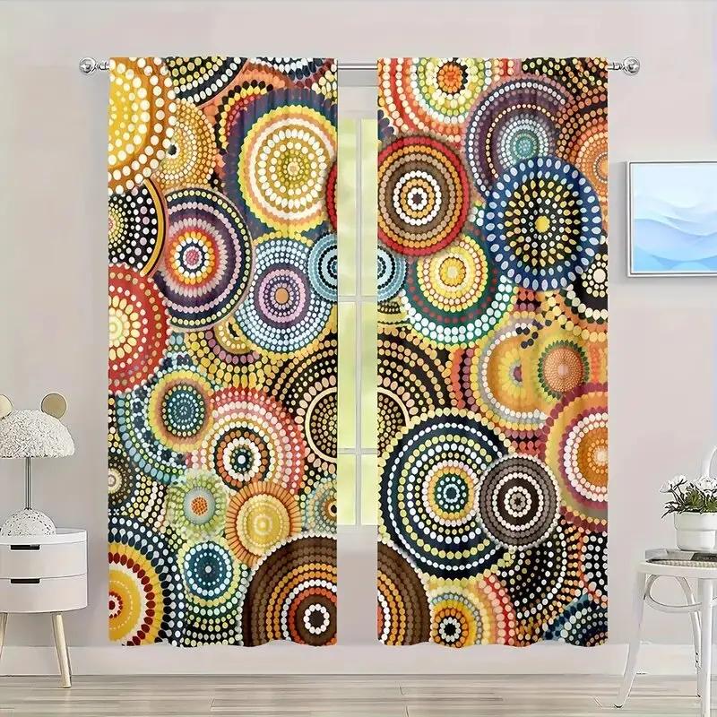 Circular Art Pattern Printed Curtains Window Decorations Home Room Curtain Set Of 2 Made Polyester Washable