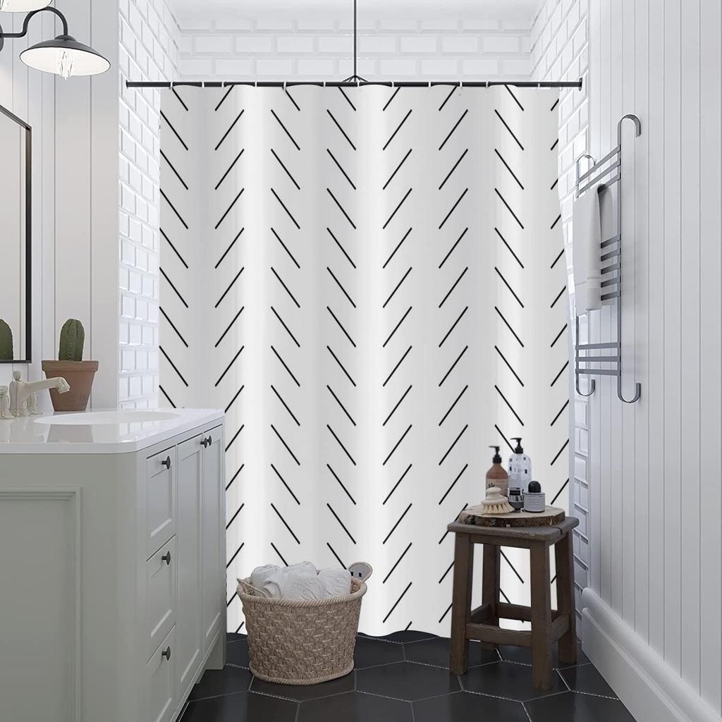 Boho Chic Black & White Striped Shower Curtain – Waterproof Polyester with Hooks, Machine Washable Bath Decor