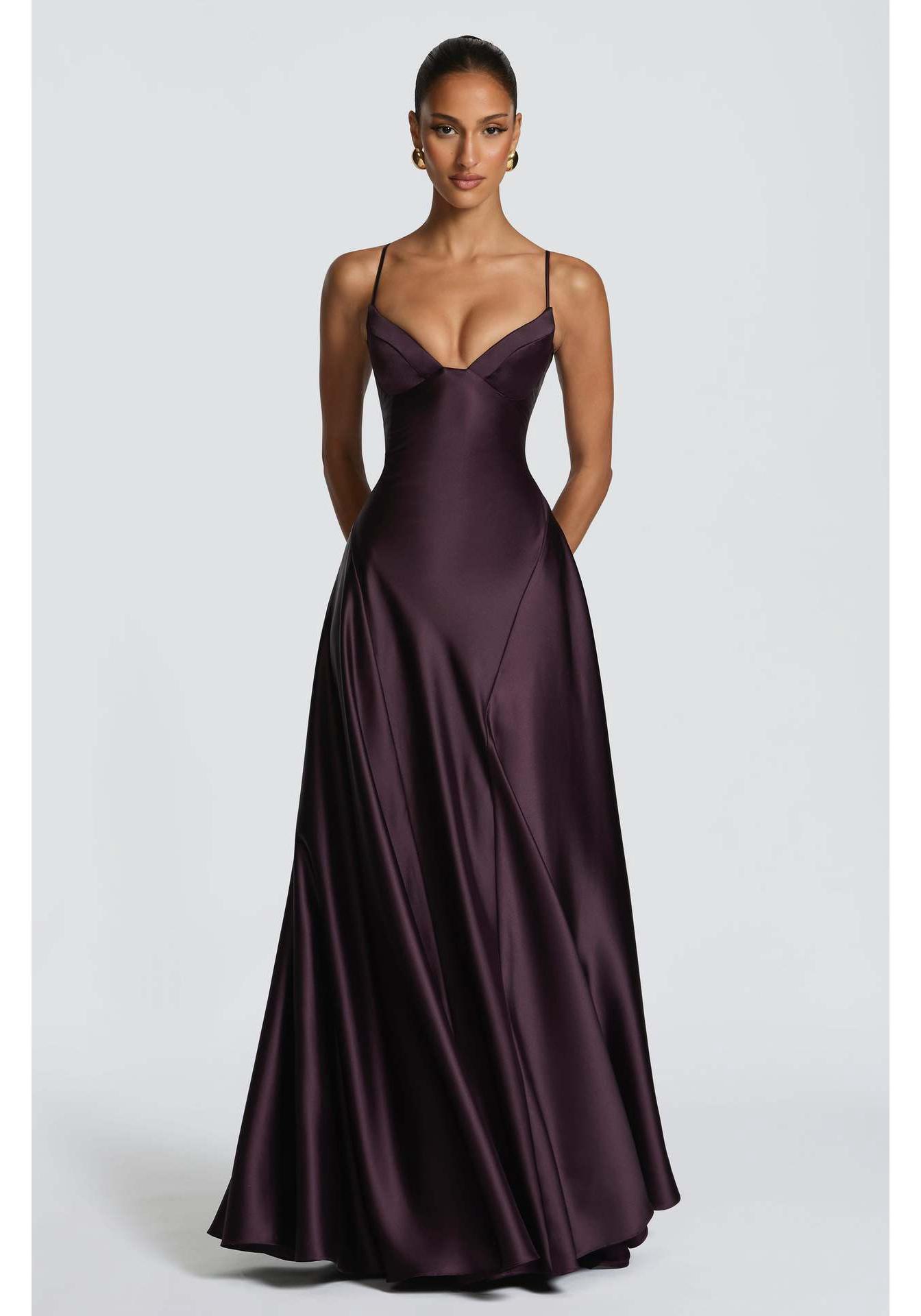 Sexy Satin-Kleid mit tiefem V-Ausschnitt und Spaghettiträgern für europäische und amerikanische Frauen XS dunkelviolette