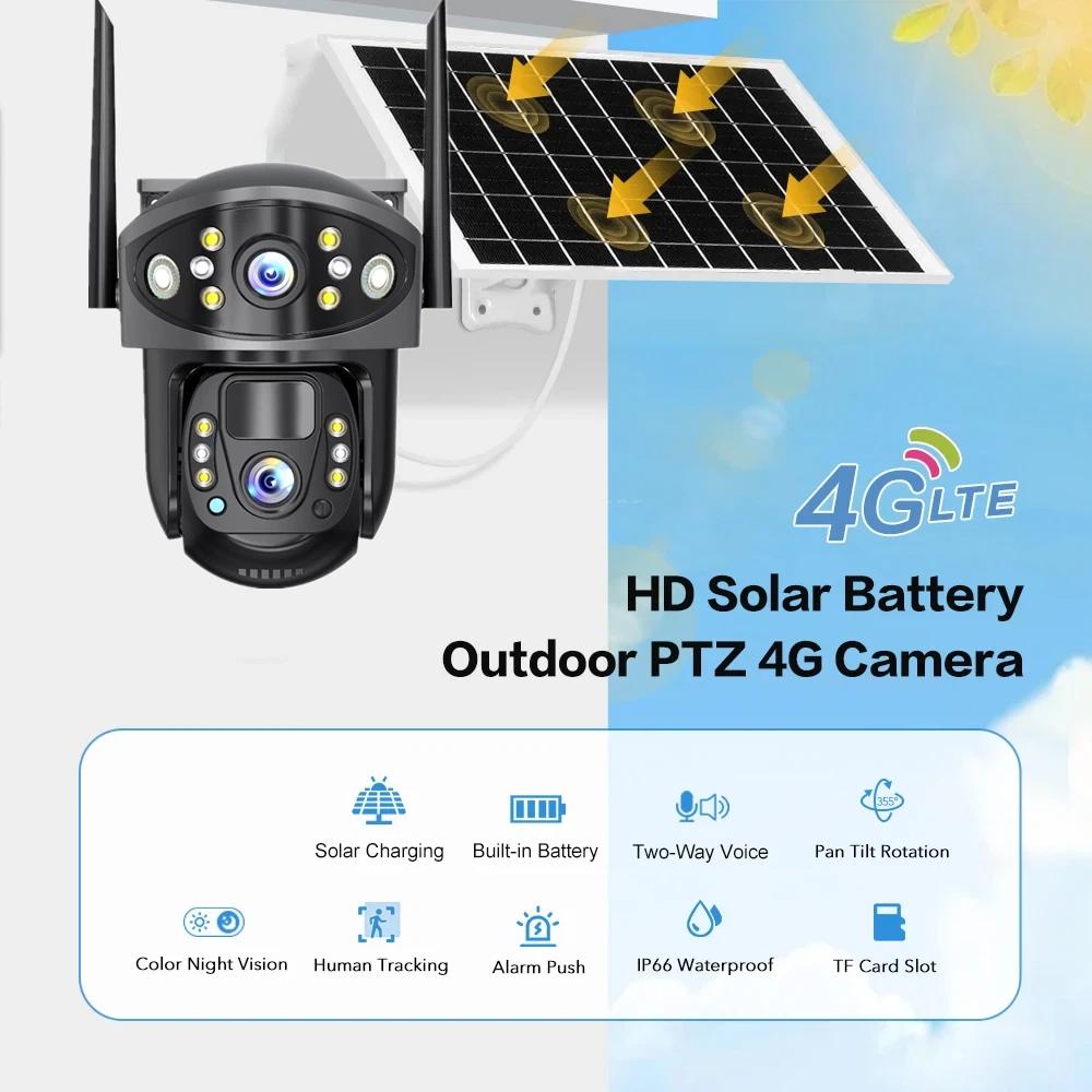 Solar-powered Charging Monitor, Wireless WIFI 4G Camera with Night Vision, High-definition Dual-lens Dual-view Home Security Camera.