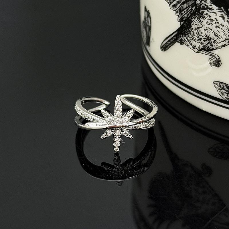High-Value Diamond-Encrusted Zircon Bead Pentagram Open Ring Stacked With Niche Design Ring Woman