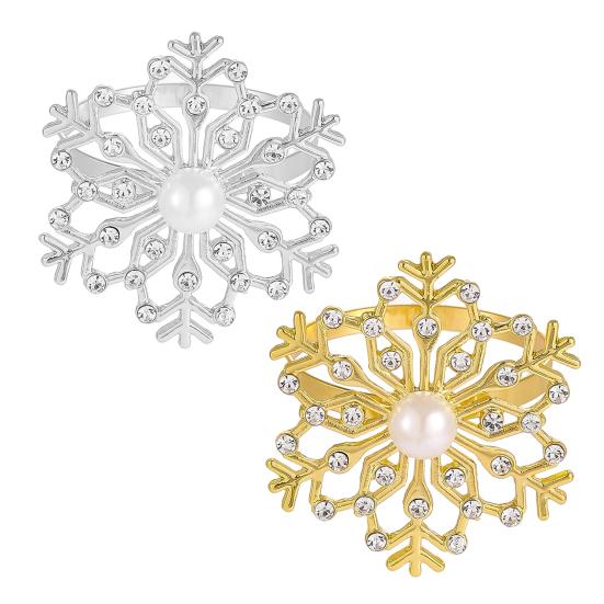 1/2/6Pcs Golden Metal Napkin Ring Faux Pearl Decor Snowflake Design Winter-themed Napkin Holders Weddings Parties Table Decor