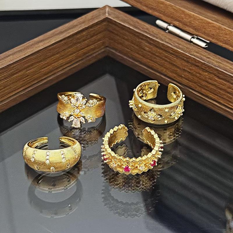 Medieval Vintage Premium Flash Diamond Retro Brushed Wide Version Open Ring Niche Light Luxury Stacked Ring Woman