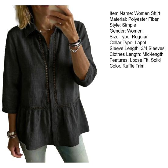 Women Shirt Lapel 3/4 Sleeves Buttons Placket Shirt Tops Webbing Edges Ruffle Hem Commuting Style Tops