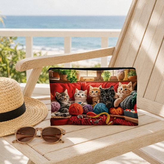Toiletry Bag Organizer, Cat Printed Storage Bag, Durable Canvas Cosmetic Pouch, for Beach Travel Makeup Stationery Storage
