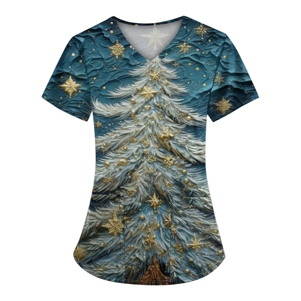 Women's Christmas Printed  Uniform Work Uniform V Neck Pocket Protective Uniform