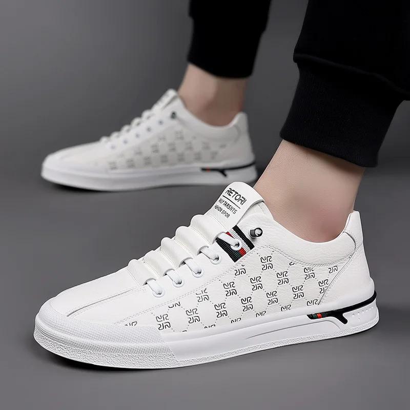 Fashion Spring New Shoes for Men Genuine Leather Casual Shoes Fashion Knurling Flat Skateboard Shoes Youth Lace-up Sneakers