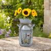 Rose Display Bucket Vintage Iron Flower Bucket, Rustic White Double-Handle Metal Vase with Floral Print & Jute Artificial Bow, Farmhouse