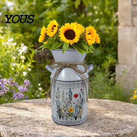 Rose Display Bucket Vintage Iron Flower Bucket, Rustic White Double-Handle Metal Vase with Floral Print & Jute Artificial Bow, Farmhouse