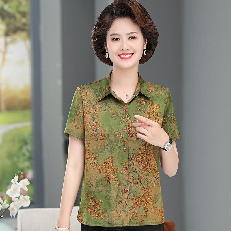 Mom's Summer Silk Printed Short-Sleeve Top for Mature Women