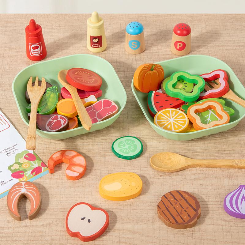 Wooden Salad Game Food Set Pretend Fruit Vegetable Cutting Toy And Tableware Seasoning Bowl Children's Kitchen Pretend Toy